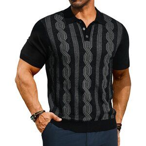 Men's Black Vintage Polo Shirts Casual Pattern Knit Golf Polo Shirts